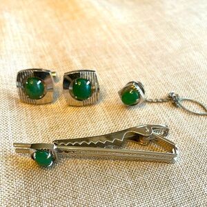 Japan Natural Jade Stone Silver Tone Cuff Links Tie Clip Pin Set